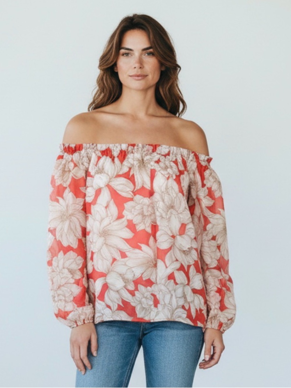 Anne Klein Off-Shoulder Smocked Floral Blouse in Coral and Ivory M